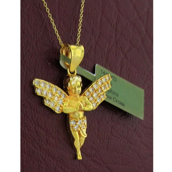 White Sapphires Angel 3D Pendant 14k Yellow Gold
